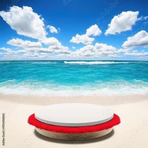 A vibrant beach scene with a white, round platform adorned with red fluff, set against a stunning ocean backdrop.