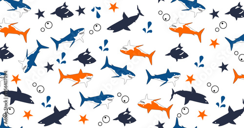 Funny Shark Random Seamless Aquatic Pattern Vector