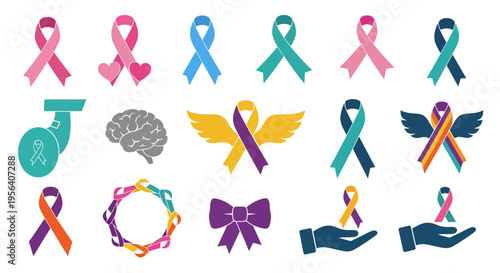 Colorful Awareness Ribbons and Symbols for Support.