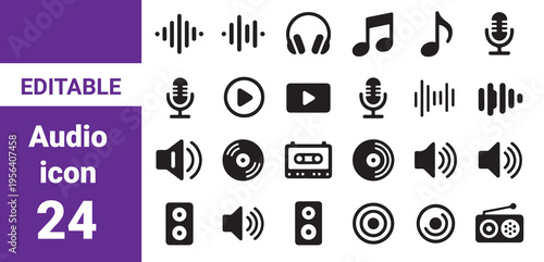 Microphone and audio line icon set featuring voice message sound wave podcast and communication for music recording