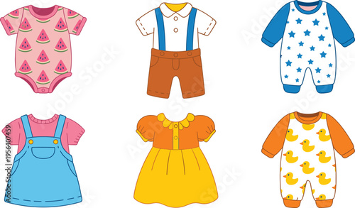 Vector illustration of assorted baby outfits including onesies, dresses, and shirts with playful prints for children’s fashion design