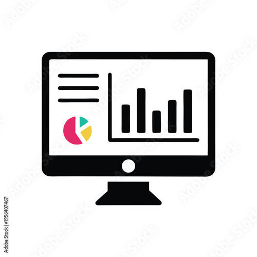 Desktop monitor shows colorful pie chart and bar graph displays valuable insight