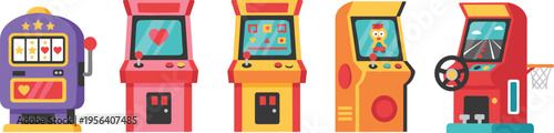 Vector illustration of assorted arcade machines including slot, joystick, character, and driving games for entertainment design