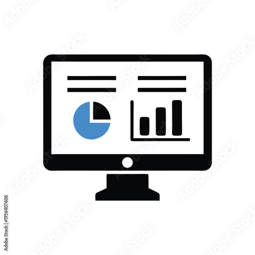 Black monitor displays a blue pie chart and a column chart clearly