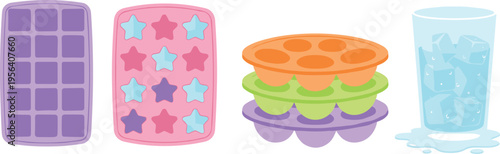 Vector illustration of assorted ice cube trays with square, star, and round compartments plus glass of ice water