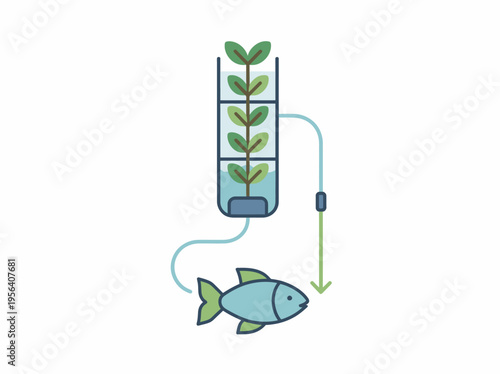 A fish swims near a hydroponic system with plants growing in water.