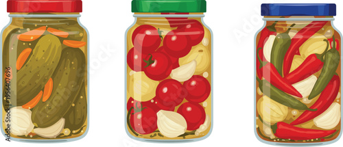 Vector illustration of assorted jars with pickled cucumbers, tomatoes, and chili peppers for culinary and food preservation design”