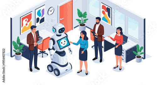 Team collaborating with AI robot in modern office space