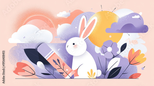 A cute white rabbit in a spring landscape, perfect for children's books, greeting cards, or seasonal promotions.