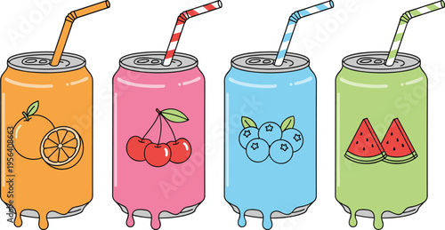 Vector illustration of colorful fruit soda cans with straws and dripping paint design for beverage packaging and branding