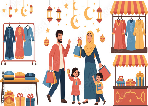 Happy Muslim Family Shopping for New Traditional Clothes and Gifts at Ramadan Night Market with Festive Lanterns and Crescent Moon Decorations