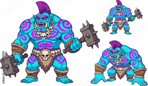Fierce Blue Cartoon Orc Warrior with Purple Mohawk and Spiked Hammer Vector Illustration Set