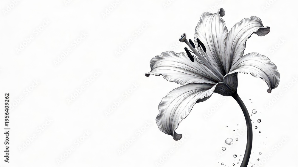 Fototapeta premium Elegant Monochrome Lily Blossom with Delicate Water Droplets, a Stunning Botanical Illustration Perfect for Print or Digital Design