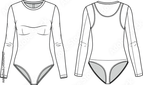 Long Sleeve Bodice Leotard Vector Technical Sketch Front and Back View Women Crew Neck Bodysuit Fashion Flat Template Clothing Design