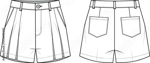 Flat fashion technical sketch of women's high-waisted pleated shorts with front fly button closure and back patch pockets vector illustration