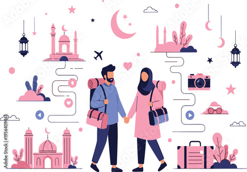 Muslim Couple Backpacking on a Romantic Journey with Cultural Landmarks and Travel Icons Illustration for Hajj Umrah Honeymoon and Global Tourism Concepts