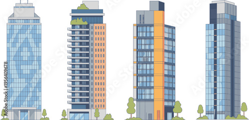 Vector illustration of modern high‑rise buildings with glass facades, balconies, and urban landscaping for architectural design