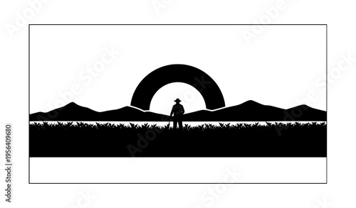 Farmer Agriculture Sunset Silhouette Black and White Vector Rural Farming Scene