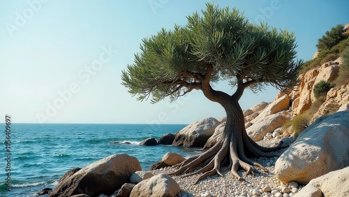 Serene coastal scene featuring a majestic tree with exposed roots, firmly planted amidst a collection of smooth stones, overlooking a tranquil ocean under a clear sky.