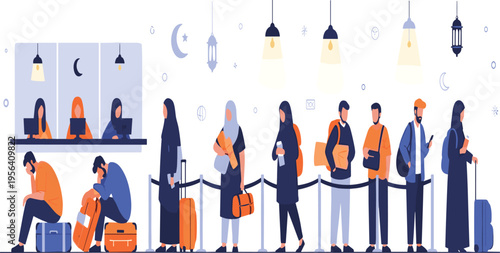 Diverse Group of Travelers Waiting in Long Queue at Airport Check-in Counter with Luggage for Vacation Travel and Holiday Transit Concepts