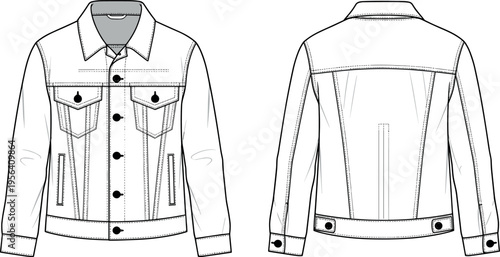 Mens Denim Trucker Jacket Vector Technical Flat Sketch Front and Back View Fashion Illustration Template for Apparel Design Tech Pack