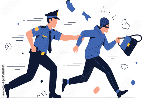 Police Officer Chasing a Masked Thief with Stolen Bag Illustration Representing Active Law Enforcement Crime Prevention and Public Safety Security Concepts