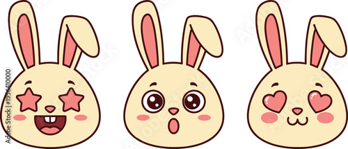 Set of cute bunny rabbit faces with different emotions