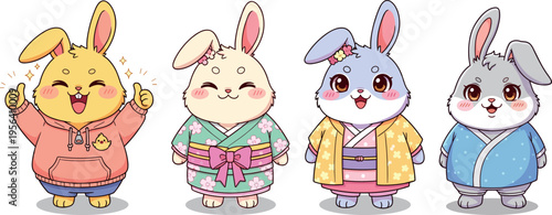 Set of cute cartoon rabbits in different outfits