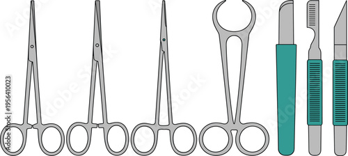Vector illustration of surgical instruments including scissors, forceps, clamps, and scalpels for medical and educational design