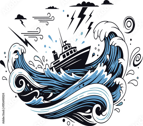 Fishing Boat Caught in Giant Ocean Waves Illustration with Lightning Bolts Thunder Clouds and Wind Swirls for Maritime Adventure and Survival Designs