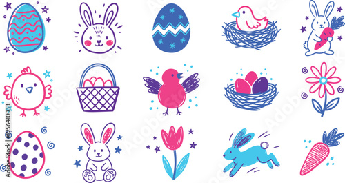 Set of cute easter elements bunnies, chicks, eggs, flowers and carrots