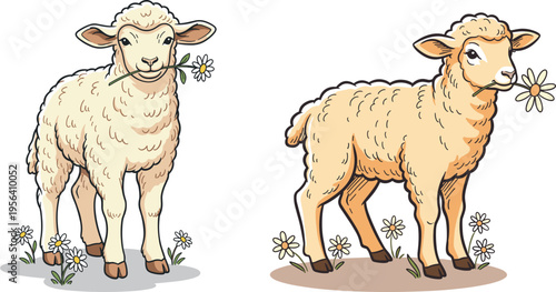 Two cute cartoon lambs standing in a meadow with daisies