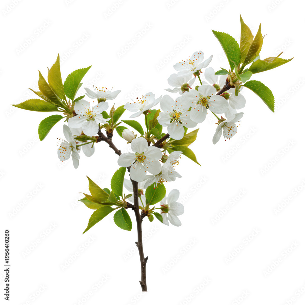 Obraz premium Cherry blossom branch with leaves isolated on transparent background