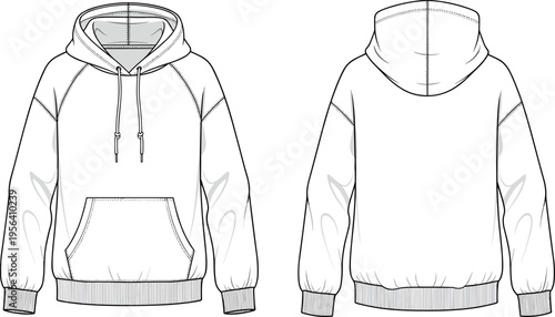 Oversize Raglan Hoodie Technical Flat Sketch Vector Illustration Blank Hooded Sweatshirt Template with Front and Back Views for Fashion Design