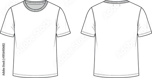 White crew neck t-shirt technical sketch vector template front and back view fashion flat illustration for design and apparel mockup.