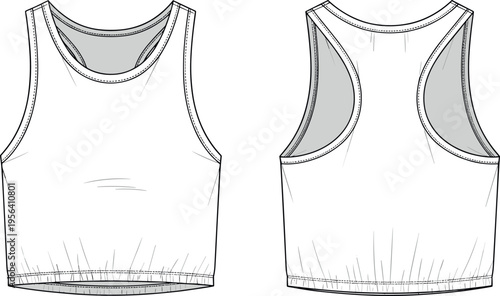 Women's Athletic Crop Top Technical Flat Sketch Vector Template with Racerback Design Crew Neck and Elasticated Hem for Fashion Design