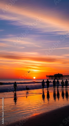 Sunset Beach Scene - Silhouettes and Golden Reflections.