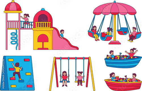 Colorful playground activity illustration featuring spiral slide, carousel, climbing wall, swings, ball pits, children playing, creative outdoor fun artwork collection.