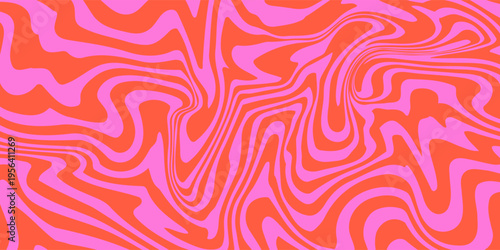 Groovy Waves Seamless Pattern. Psychedelic Curved Vector Background in 1970s Hippie Retro Style for Print on Textile, Wrapping Paper, Web Design and Social Media. Pink and Red Colors.