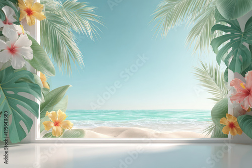 Tropical background beach ocean palm leaf hibiscus flower frame pastel tranquil tropical background with sandy shore and calm water under clear sky.