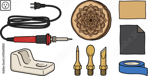The illustration shows various tools and materials for soldering and crafting.