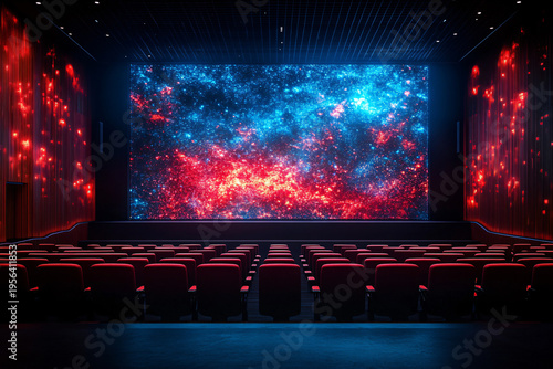 Modern cinema with red chairs and screen displaying vibrant galaxy.