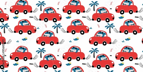 Funny Shark Driving Surf Car Seamless Kids Pattern