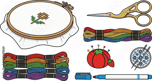 A collection of sewing tools and supplies arranged on a table indoors.