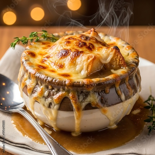 Delicious French Onion Soup with Melted Cheese.
