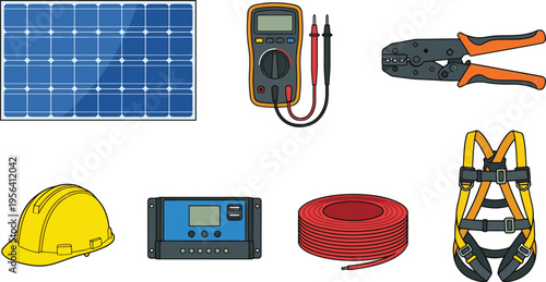 Workers install solar panels with tools and safety gear on site outdoors