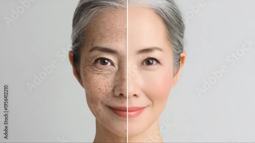 Smiling Asian mature woman. The face is divided into halves, aging skin with wrinkles and age spots next to smooth youthful complexion. Concept: the aging process and beauty treatments