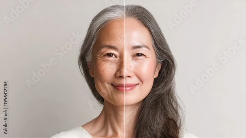 Smiling Asian mature woman. The face is divided into halves, aging skin with wrinkles and age spots next to smooth youthful complexion. Concept: the aging process and beauty treatments