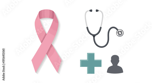 Breast Cancer Awareness Ribbon with Medical Symbols.