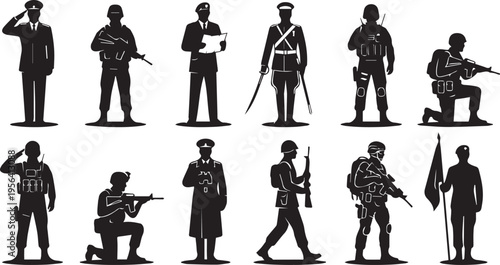 Military Soldier Silhouette Vector Icons Set: Saluting, Aiming, Marching, and Ceremonial Poses
